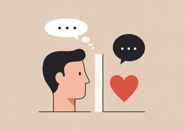 Person with thought bubble separate from heart, showing disconnect.
