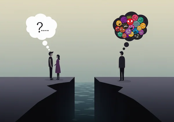 Couple facing away, with a chasm between them and thought bubbles