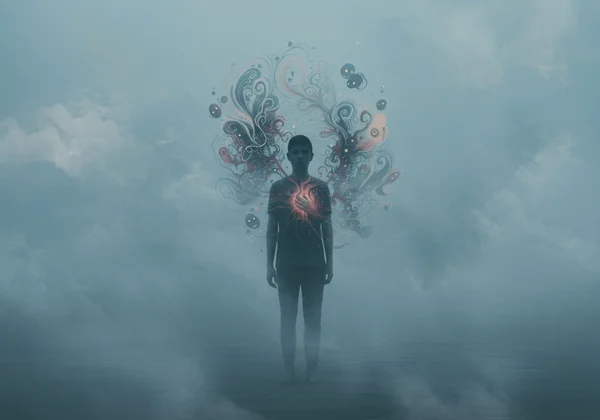 Una persona che si sente emotivamente disconnessa, circondata da una nebbia.