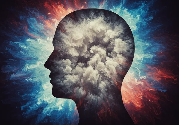 A person's silhouette with a gray, foggy emotional state.