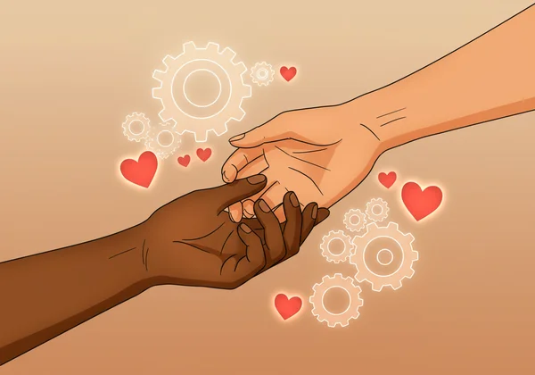 Two hands clasped together with gears and hearts intertwining