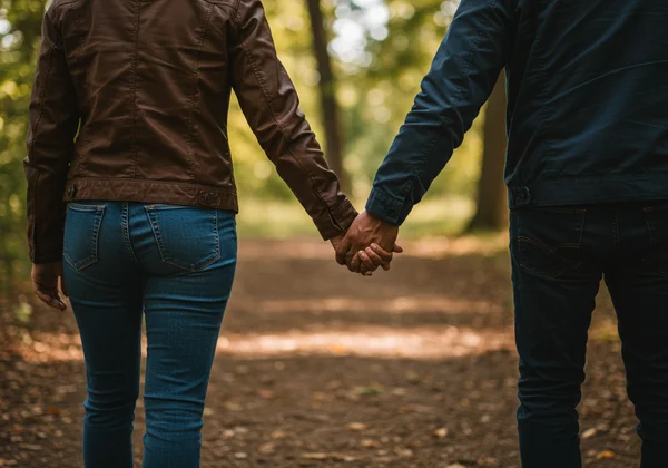 Diverse couple holding hands while walking on a nature trail