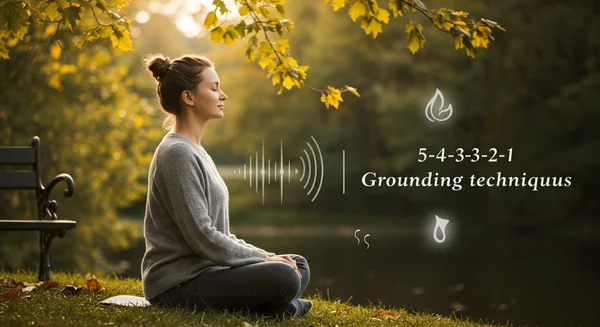 Person practicing a grounding technique, focusing on senses